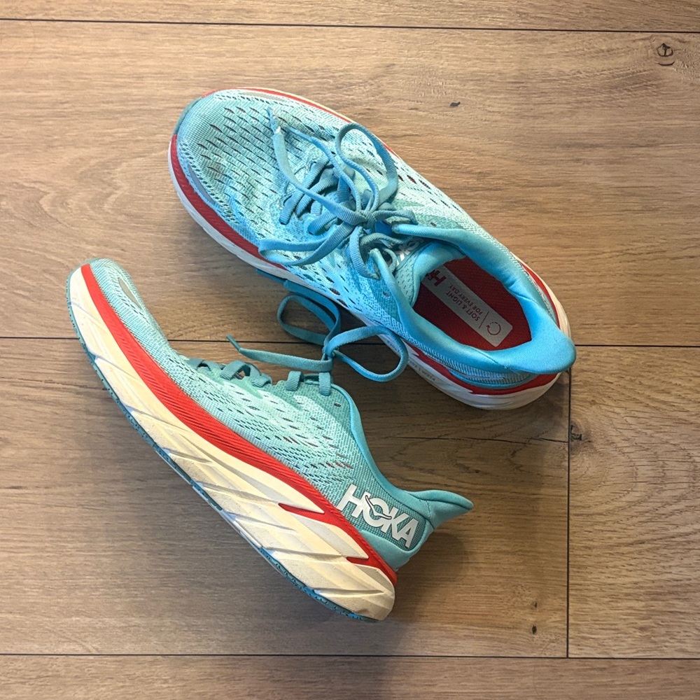 Hoka Turquoise and Red Athletic Shoes Clifton 8